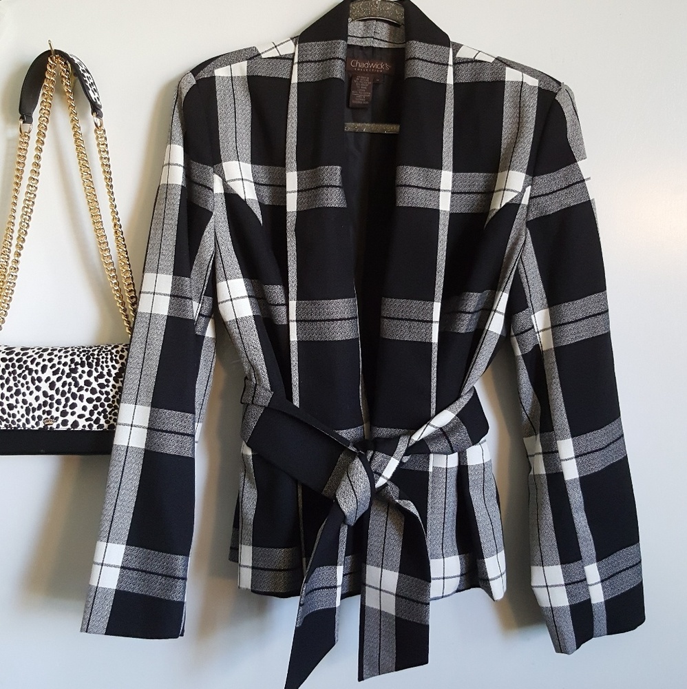 Black and white wool peplum plaid blazer jacket